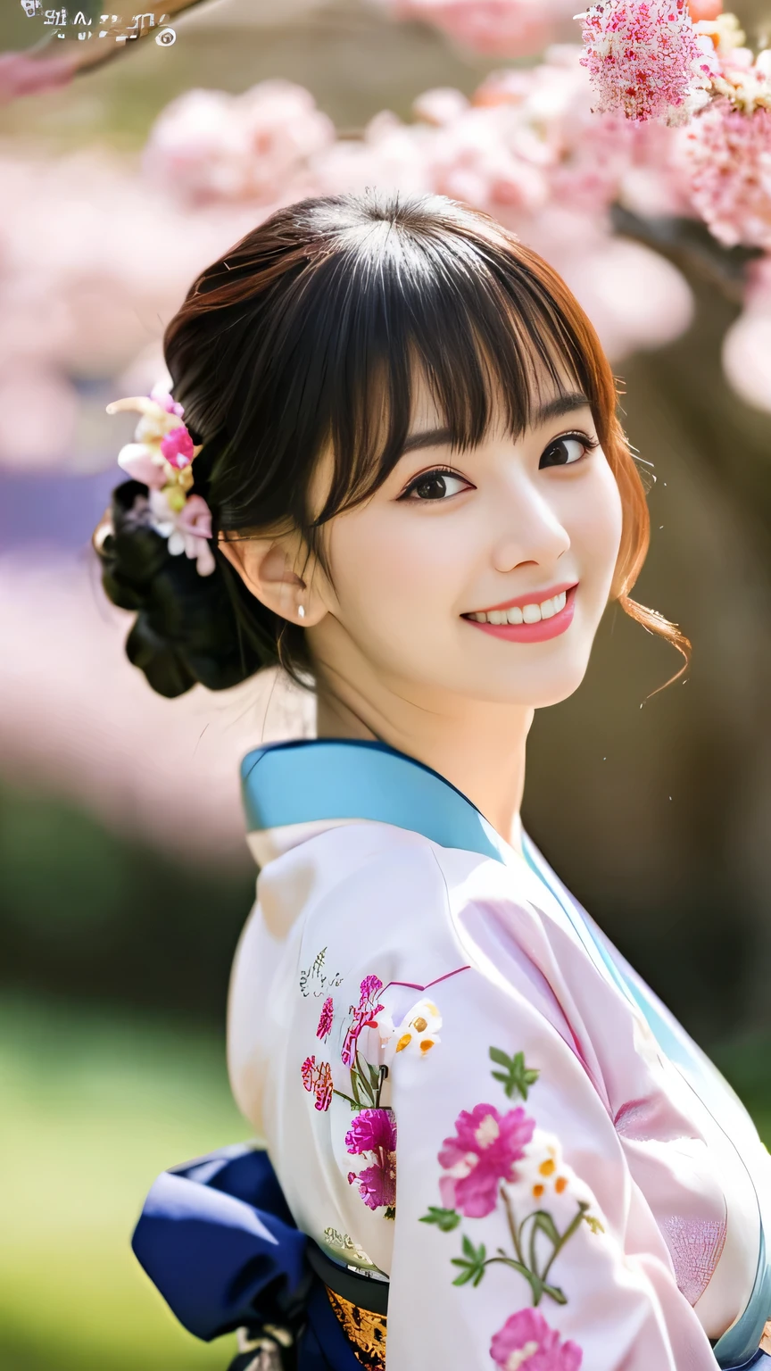 masterpiece、Ultra-realistic、In 8K、High resolution CG Unity 8k wallpaper、Highest quality、RAW Photos、Natural soft light、Japanese Ido、Sexy body girl、Japanese Princess、Elegant traditional kimono with floral embroidery、(Delicate details of kimono)、Bangs、Cut both sides in a straight line at the chin、Perfect toothy smile、Himeji Castle can be seen in the background.、(Esbian all over)