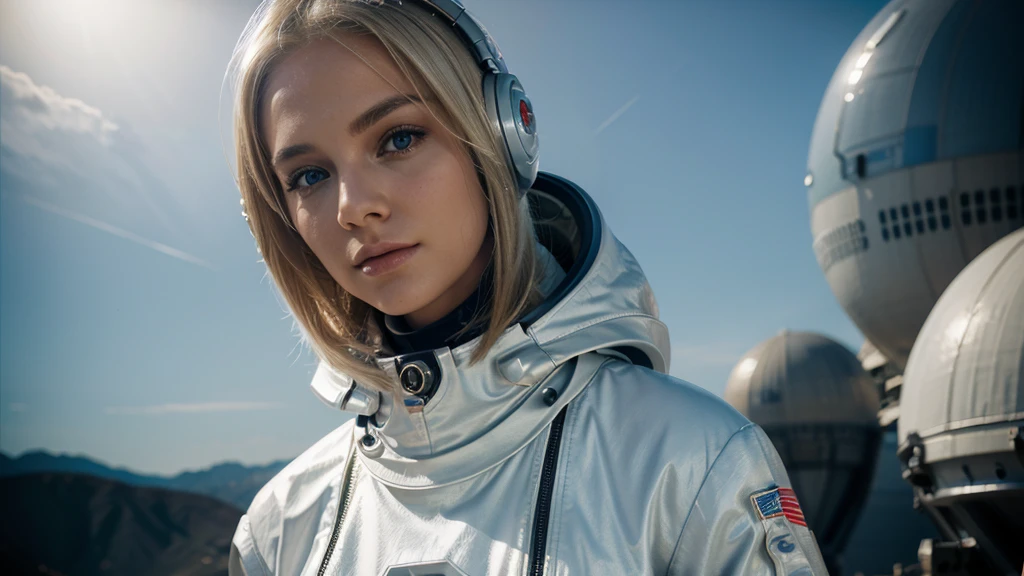 Beautiful woman blonde hair color, dressed in futuristic astronaut suit, staring at the camera, alien planet background , medium shot
