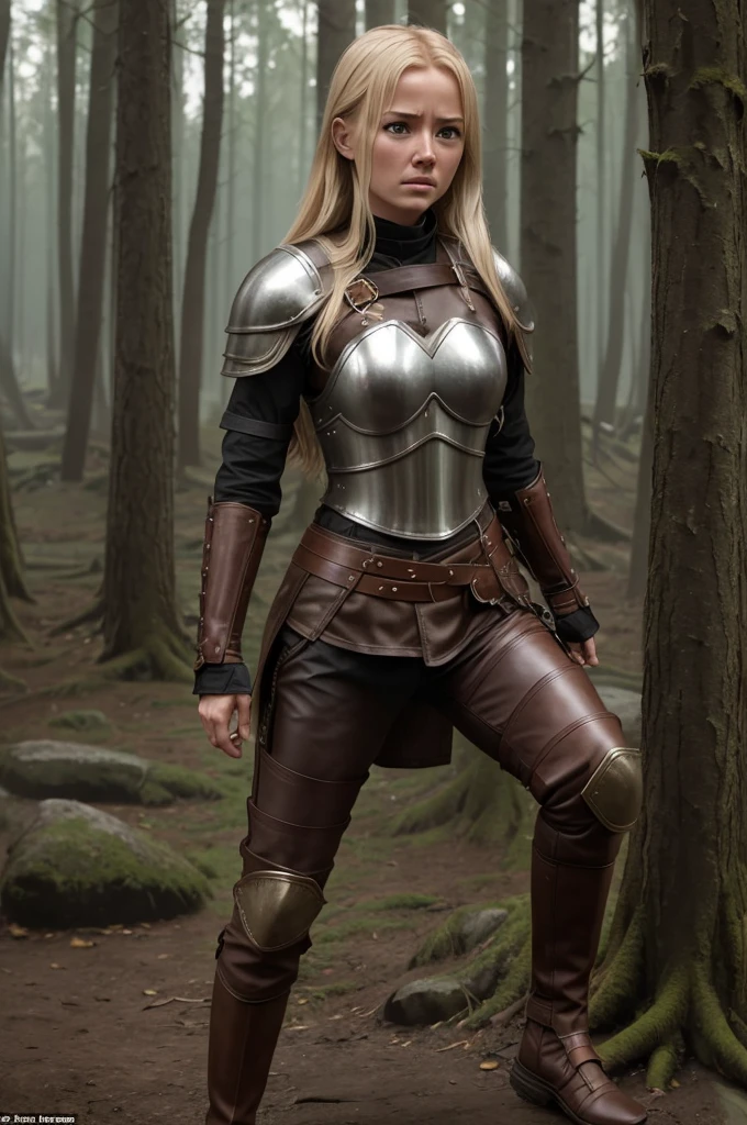 high reslolution, young novice warrior of the warriors guild, blonde hair, dutch girl 20 years old,  leather armor, in a forest, peeing her pants in fear, wetting herself in panic, panic in her face, crying in fear, pee running down her legs, visible wetness at her crotch, pee running down her legs, wearing light brown leather pants, light metal breastplate