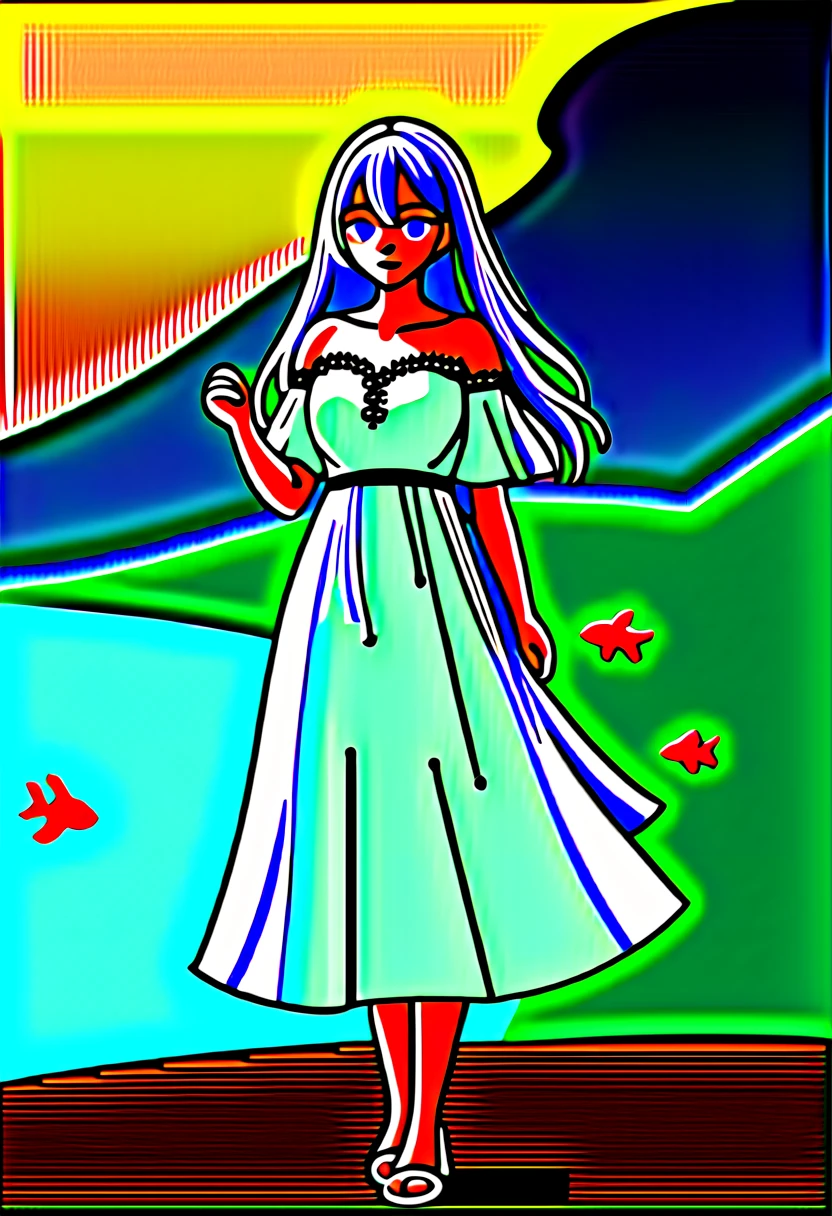 ((Highest quality)), ((masterpiece)), (detailed), ((Perfect Face)), lillia, One Girl、ピンクのLong Hair、blue eyes、White dress with black lace、large pink ribbon on the chest,Blue clothes,Sandals,Calm,Ladylike,quiet,Adult female,Silver Hair,Long Hair,Bright green eyes,Small flowers gather,River bank,Summer festival,firework,Goldfish,