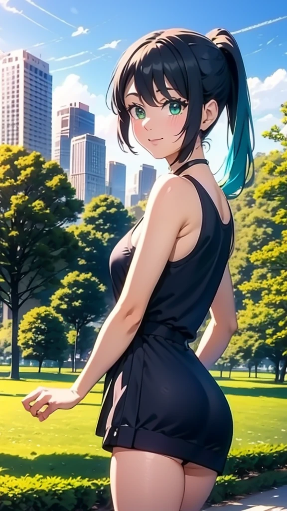 Arisu stands confidently, holding a sleek, portable DVD player. Her hair, a vibrant shade of teal, is tied up in a ponytail, allowing her expressive green eyes to take center stage. She's dressed in a modern, yet slightly retro outfit with a digital watch on her wrist and a bag slung over her shoulder, hinting at her wanderlust. The background is a blend of urban and nature, with a city skyline transitioning into a lush park, symbolizing her love for both technology and the outdoors.