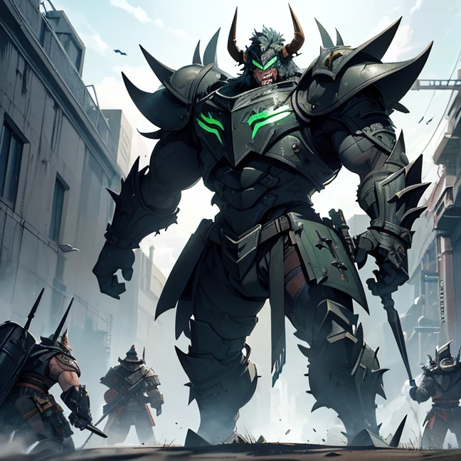 (Absurdres, master piece, best high quality image, very detailed features, very detailed textures, carefuly detailed with no deformed parts in all the artwork, not censored violence and bleeding), only solo character.
A big hulking troll, he has big mouth full of light blue sharp teeth, he has no nose, orange skin, he has two light blue eyes, very long arms with six fingers, strong bulky feet, 2 bison green horns on his head and 10 green spikes on his hed, wears a bulky heavy grey armor, (big squared helmet with 3 crests, big grey shoulder pads, very armored arms, bulky heavy grey, boots), wields a big axe and a huge heavy pistol, he is laughing happy and enjoying a fight. Attacking a british airbase.