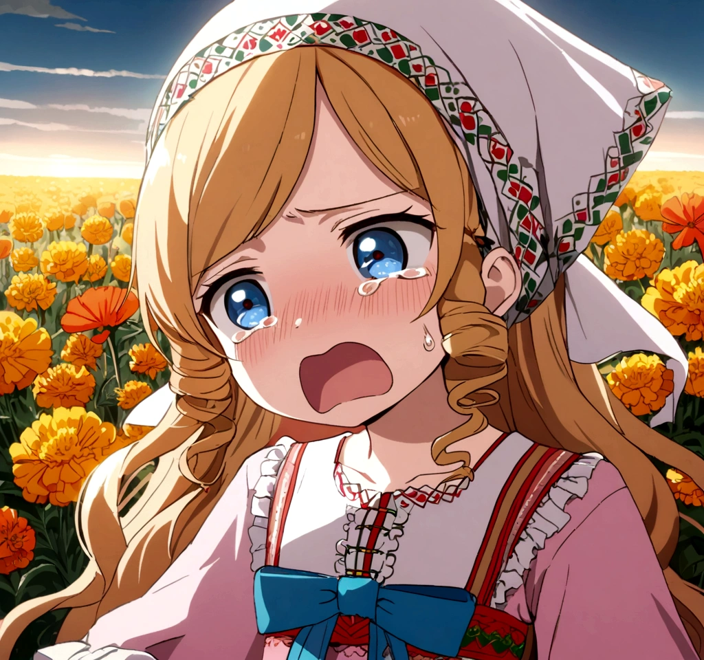 golden orange hair, gradient hair, very long hair, swept bangs, sidelocks, curly hair, wavy hair, (((((head scarf))))), head bandana, pink apron, flower in hair, marigold, orange flower, blue eyes, dirndl, pink dress, pink dirndl, long sleeves, waist apron, white apron, bow on waist, blue bow, , polish clothing, Slavic clothing, Hungarian clothing, anime, cute, flat chest, solo, exaggerated expression, sad, crying, open mouth, watery eyes