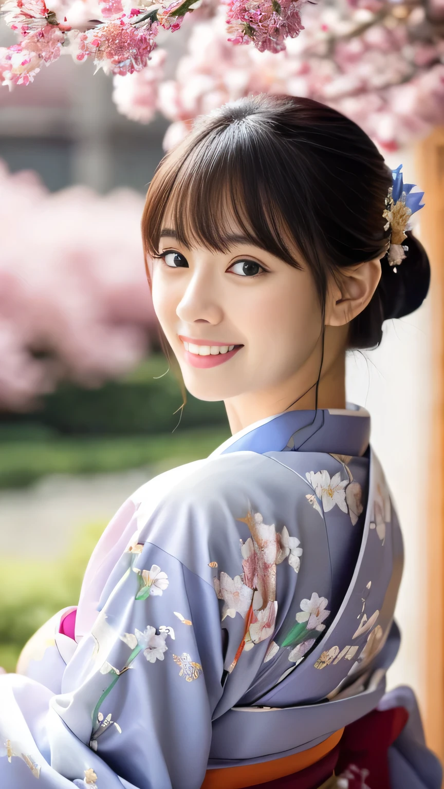 masterpiece、Ultra-realistic、In 8K、High resolution CG Unity 8k wallpaper、Highest quality、RAW Photos、Natural soft light、Japanese Ido、Sexy body girl、Japanese Princess、Elegant traditional kimono with floral embroidery、(Delicate details of kimono)、Bangs、Cut both sides in a straight line at the chin、Perfect toothy smile、Himeji Castle can be seen in the background.、(Esbian all over)