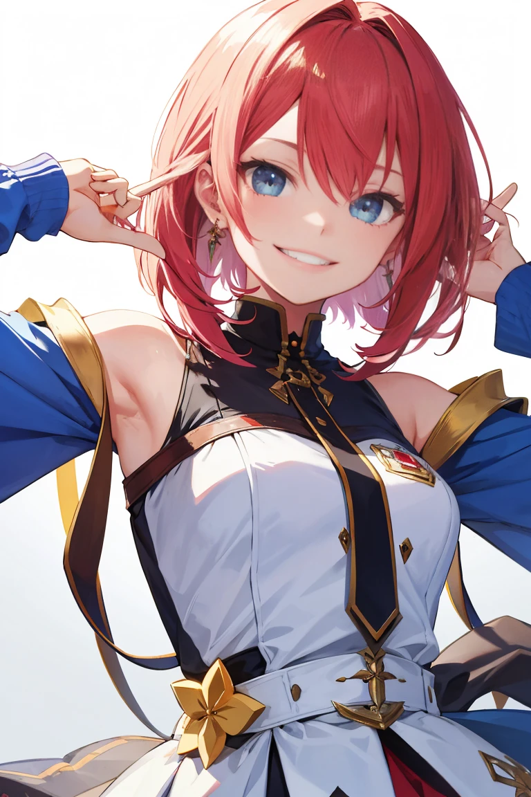 Orange hair, short detailed hair, Animal ear, Horse Ear, Purple eye, Wear white gloves on the right hand, The Prince of Opera dressed up, white stockings, Crown on head, teens girl, neuter, Wear a ring on your left hand, Wearing a pink cape, Sit in the king chair, There is a horse's tail, deep dark background, ssmile, quadratic element, Simple, blonde hair, hair strand, crown, wince, purple eyes, animal ears, horse ears, smile, anime, high quality, ccurate