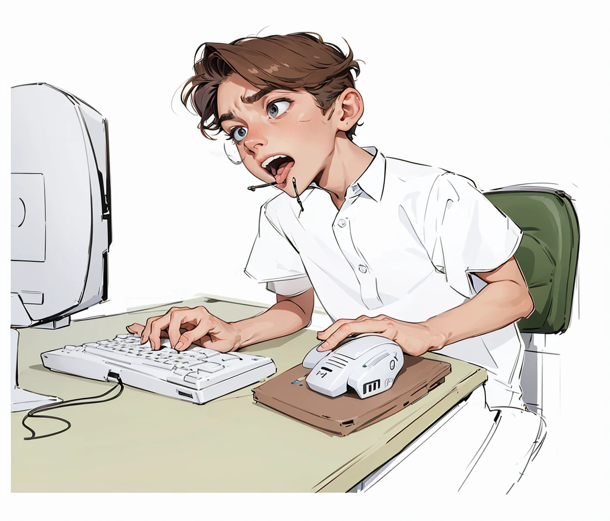 19 year old skinny boy sitting at an office desk using a computer keyboard and white mouse ,with worried face (distressed expression,add it,with his mouth open looking at the computer monitor wearing a nerdy short-sleeved formal shirt