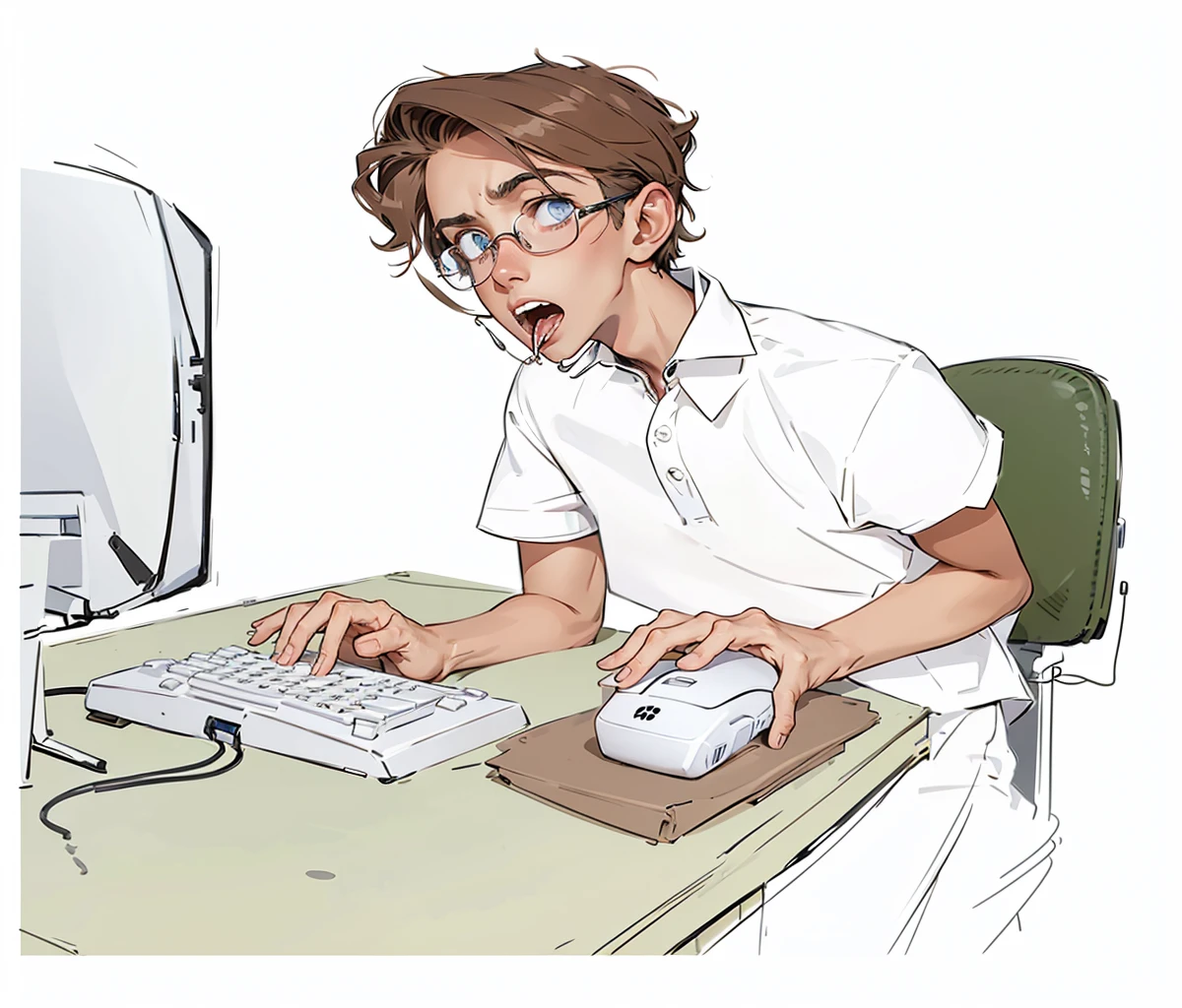 19 year old skinny boy sitting at an office desk using a computer keyboard and white mouse ,with worried face (distressed expression,add it,with his mouth open looking at the computer monitor wearing a nerdy short-sleeved formal shirt