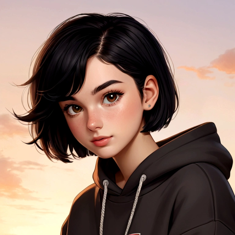  18 year old with dark brown eyes, black short hair,1,64 tall, wearing a sweatshirt set with your boyfriend, meninosde black short hair,1,80 tall,wearing hugging sweatshirt set