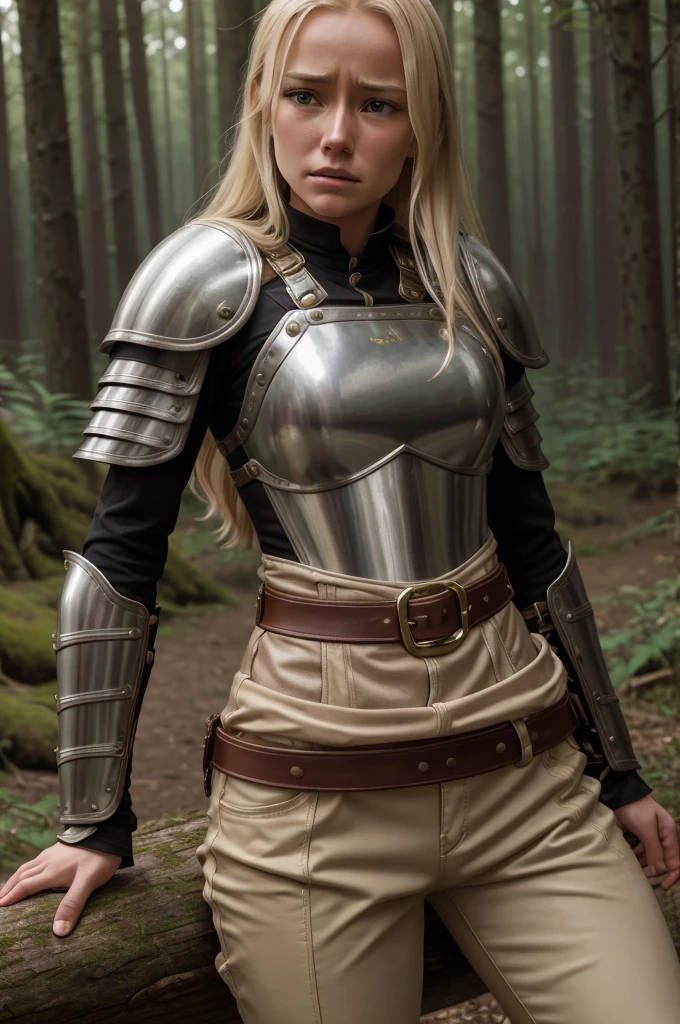 high reslolution, young novice warrior of the warriors guild, blonde hair, dutch girl 20 years old,  leather armor, in a forest, peeing her pants in fear, wetting herself in panic, panic in her face, crying in fear, pee running down her legs, visible wetness at her crotch, pee running down her legs, wearing light beige colored leather pants, light metal breastplate