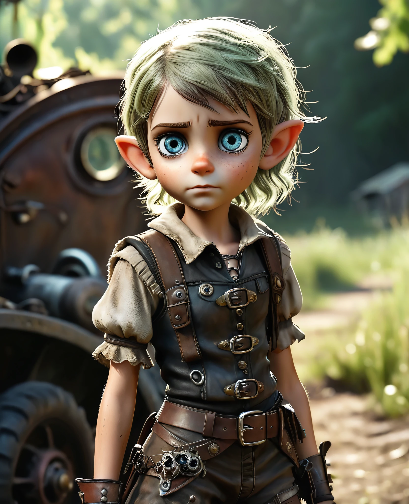 cute elf, (teenage elf with extremely cute eyes)), (((elf))), ((((high resolution))), (((extremely detailed))), ((masterpiece)), dramatic shadows, depth of field, analog photo style, (world in which are collide steampunk and postapocalyptic vibes), postapocalyptic cute female in steampunk aesthetic, torn dirty clothes, depth of field, full body shot, unzoomed, (perfect body: 1.4), (sidecut short hairstyle), (stalking is quite common, although not the best way to make a living), stylized atmosphere of unreality, dark atmosphere, dynamic pose, in motion, Armageddon, increase cinematic lighting, highly lifelike skin texture, parted lips, weary eyes, fine eyes, whitened skin, random hair colour, doomsday aura, (Mad Max world), (The Walking Dead world)