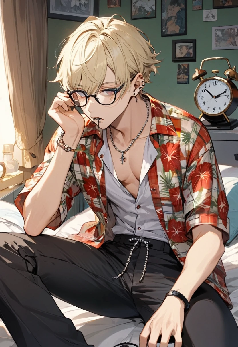 Alone boy, looking at alarm clock, pale jellon hair, half rosary eyes, open shirt, plaid shirt, pants, Hawaiian blouse, wearing glasses, mouth piercing,