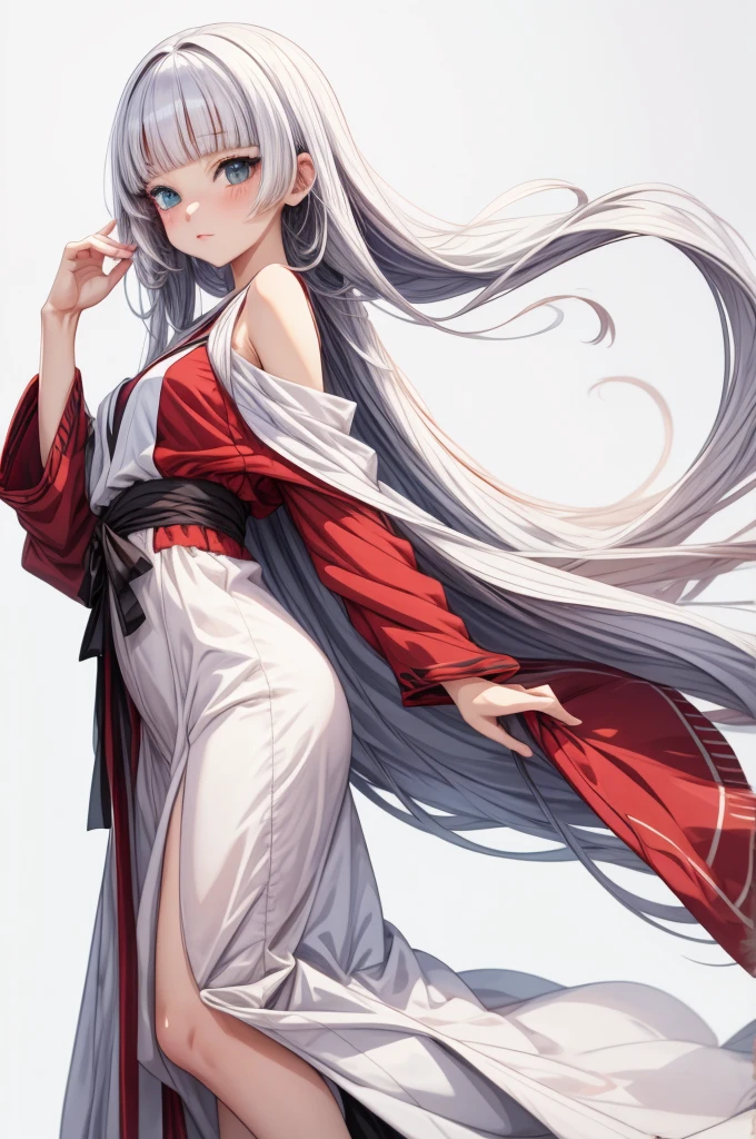 Masterpiece, top quality, highres, (white background:1.8), detailed eyes,bright heterochromia eyes, red right and silver left eye, anime characters with silver deep gray hair and red gray heterochromia eyes standing anime moe artstyle, shirabii, cute anime style, red, dusty rose, and gray theme, 1 girl anime, anime style 4 k, long straight hair, straight cutted bangs,deep colors, ideal color palette,  anime art style