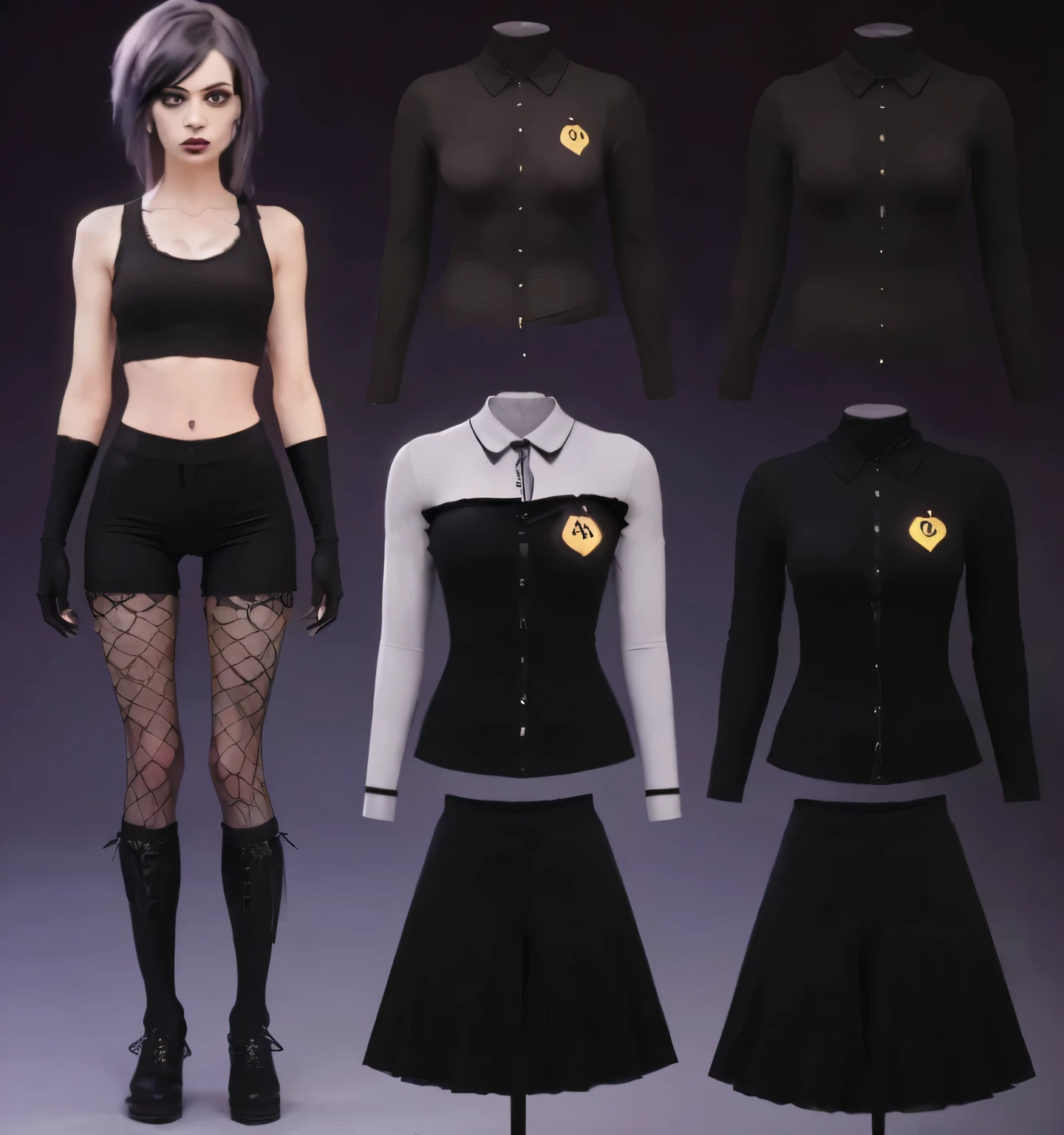 a group of female mannequins in different outfits and a shirt, realistic , black spandex shorts, clothing, magic , witchcore clothes, magical school student uniform, magic uniform, magic uniform university, goth punk clothes, realistically rendered clothing, dressed in crustpunk clothing, in clothes! highly detailed, avant designer uniform, detailed clothes, cyberpunk clothes, punk outfit