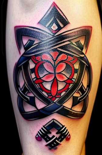 draw a tattoo (Design:**, 1. **Top Layer - Triskele:**, - The Triskele is a triple spiral pattern, 2. **Middle Layer - Black Wreath:**, 3. **Bottom Layer - Labrys:**, - The Labrys, shaped like a double-headed axe, *Formation of the tattoo:**, - The Triskele is prominently placed at the center of the tatto., - Surrounding the Triskele, there is a circle or ring where the Black Wreath is intricately woven., - Below or around the Triskele, the Labrys is positioned)