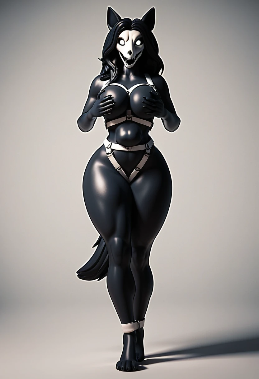 Anthro, femenine body, , breasts, femenine face, black furry hair, (black furry body), SCP-1471, (mal0 SCP skullwolf)), (hooker pose), ((bondage harness), big thighs, looking at viewer, standing pose, (touching on breast with one hand), (bitchy posture), head turned to side,  solo, black fur, (nude), lineart, ((vore)), vore belly with a person inside of the stomach struggling, characte concept