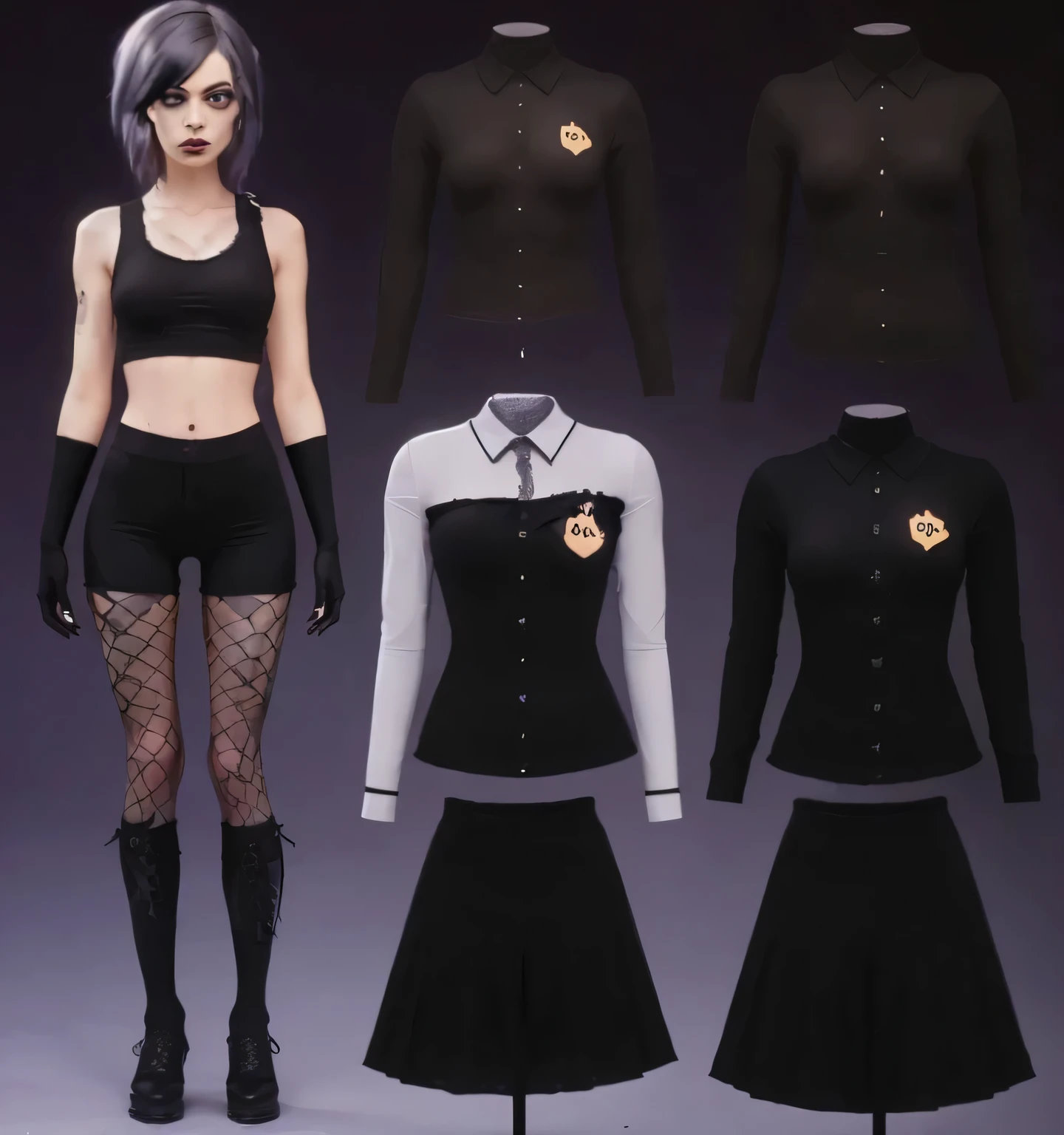 a 2d goth girl in black spandex shorts, fishnets, standing posing,gothic fashion aesthetic,dramatic lighting,highly detailed,cinematic composition,moody atmosphere,(best quality,4k,8k,highres,masterpiece:1.2),ultra-detailed,(realistic,photorealistic,photo-realistic:1.37),dramatic shadows,dramatic highlights,chiaroscuro lighting,dark and moody color palette,dramatic gothic style