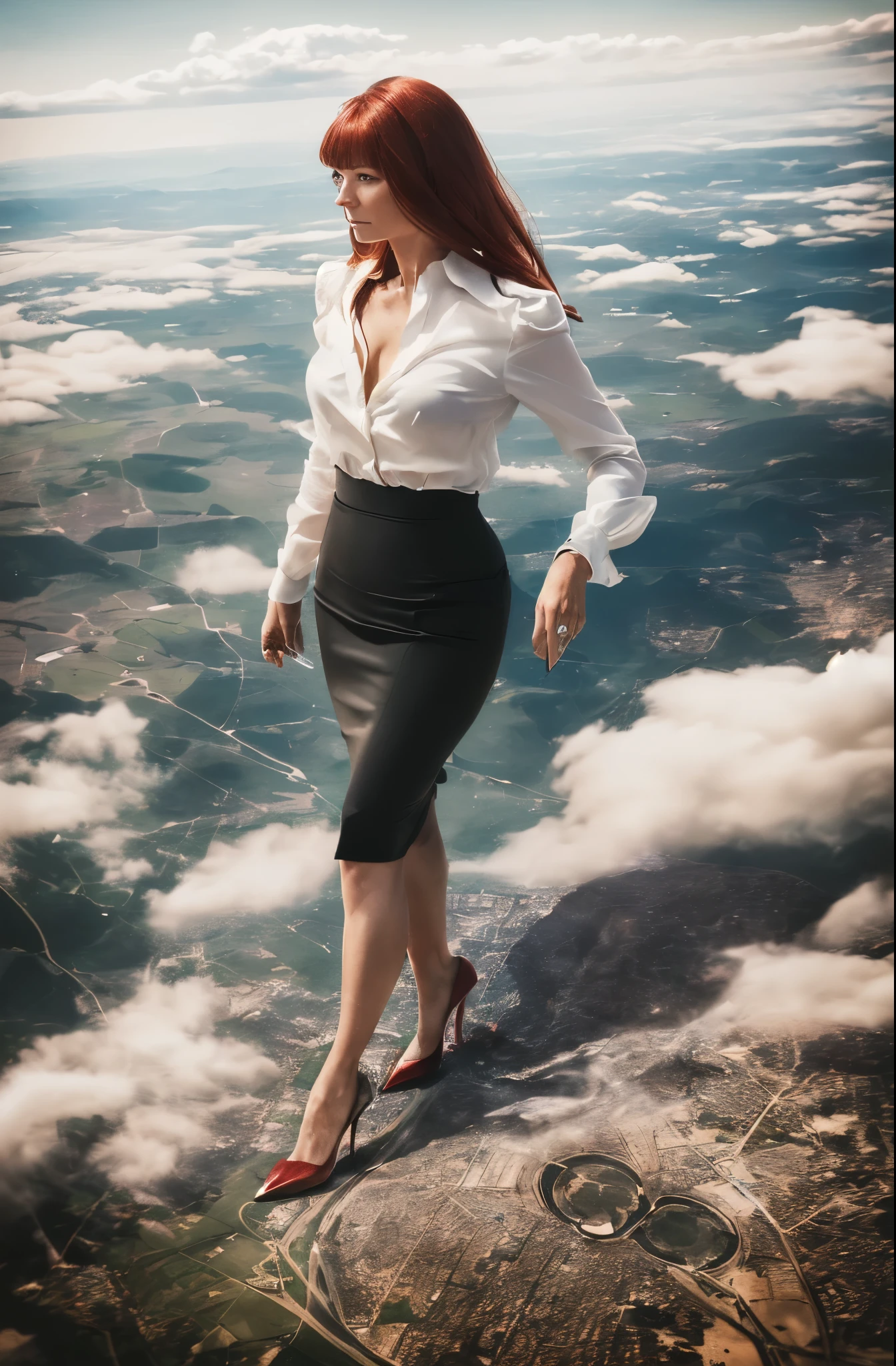 Gwyneth Paltrow as Pepper Potts, (masterpiece, best quality, best shadows, best shading, perfect hands, perfect face, cinematic lighting, colorful, ultra-detailed, beautiful photography, character focus, extremely-detailed, photorealistic, hyper photorealism, atmospheric), (rural destruction:1.7), (giantess, stereotypical office worker), (dirty, filthy, unwashed, sweaty, unkempt, angry, tired, exhausted, annoyed), ((walking, mid stride:1.2, stepping down on:1.2, stomping, crush, rampage)), (black patent Louboutin pointed toe pumps, high heels, stiletto heels), ((revealing crisp white blouse, short black pencil skirt)), ((long straight red hair with front bangs)), (high altitude photography, satellite view), (curvy, exposed cleavage, heaving bosom, legs), (urban sprawl, farmland and small towns, destruction, buildings, roads), (((cloudy, overcast, clouds and atmosphere partly obscuring the subject:1.2, hazy atmosphere, haze in foreground, wispy clouds)))