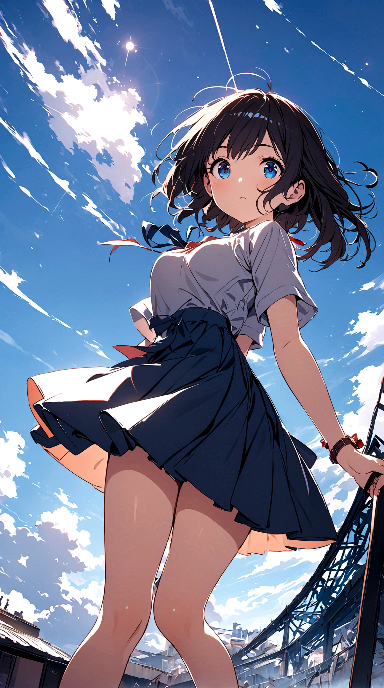 Long skirt, high resolution, beautiful blue eyes, full body expression, one girl, alone, blue sky background, bright, blue sky, clouds, sunny, student, young person, blue and white main color, solo focus, love, accessories, beautiful hairstyle, beautiful eyes, shiny, high resolution, zoom out, youthful things, quality (8k, highly detailed CG unit wallpaper, masterpiece, high resolution, highest quality, highest quality, surreal, increase resolution, highest quality, very detailed, wallpaper, movie lighting, raytracing, golden ratio\),