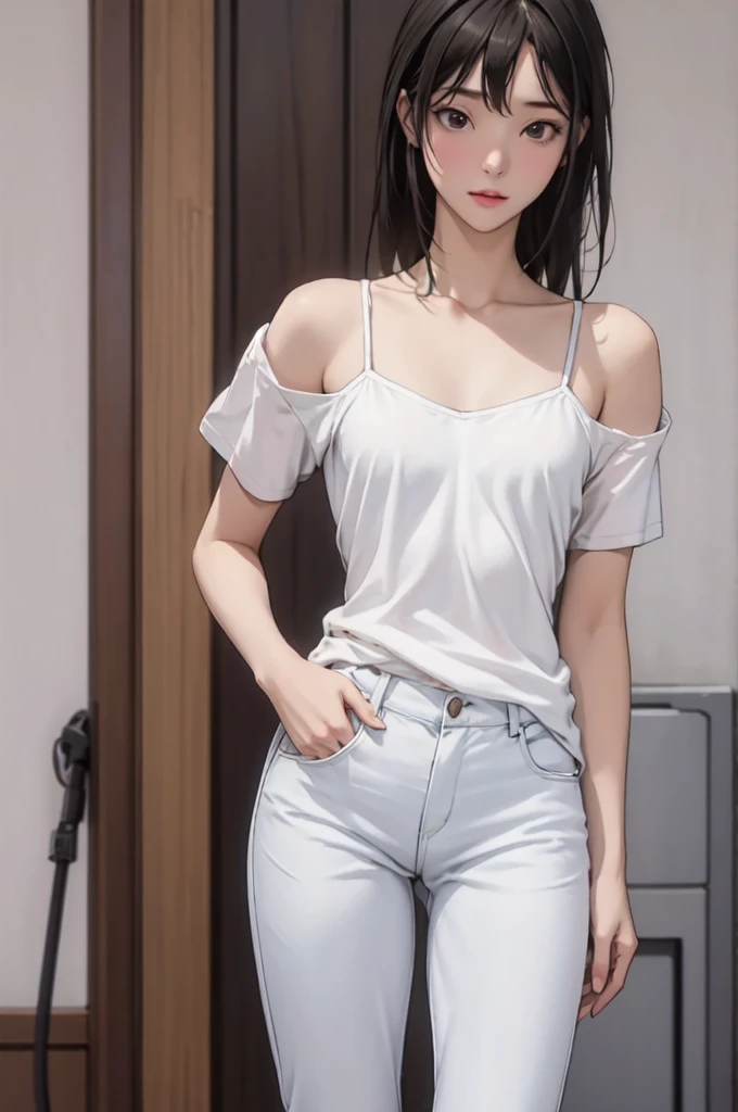 ((masterpiece, best quality)),((highres:1.2)), 1 Girl, solo, Cowboy Shot, Blurred Background, (((Small breasts))), Thighs, (camisole), Off the shoulder, (mini pants)