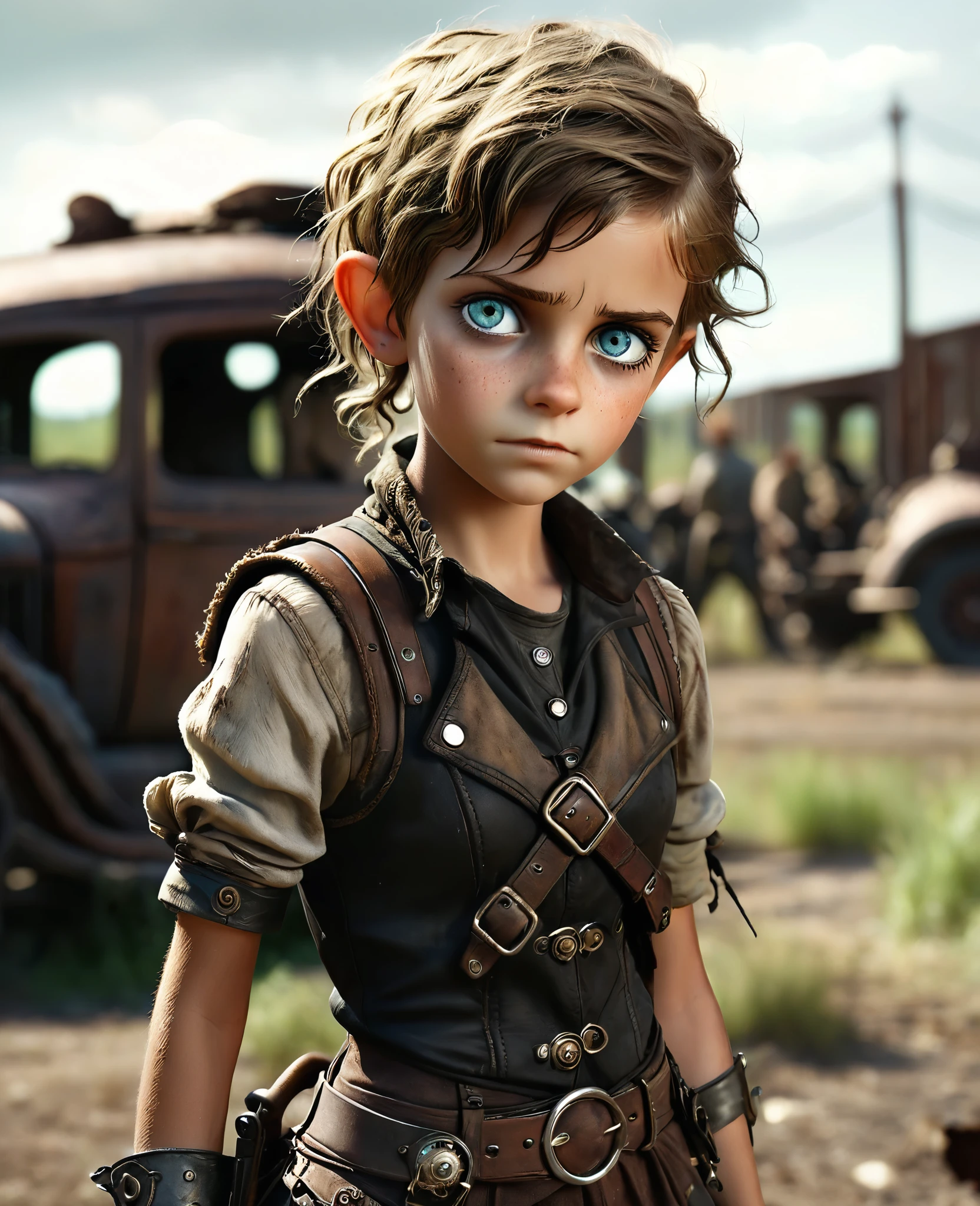 cute elf, (toon elf  with extremely cute eyes)), (((elf))), ((((high resolution))), (((extremely detailed))), ((masterpiece)), dramatic shadows, depth of field, analog photo style, (world in which are collide steampunk and postapocalyptic vibes), postapocalyptic cute female in steampunk aesthetic, torn dirty clothes, depth of field, full body shot, unzoomed, (perfect body: 1.4), (sidecut short hairstyle), (stalking is quite common, although not the best way to make a living), stylized atmosphere of unreality, dark atmosphere, dynamic pose, in motion, Armageddon, increase cinematic lighting, highly lifelike skin texture, parted lips, weary eyes, fine eyes, whitened skin, random hair colour, doomsday aura, (Mad Max world), (The Walking Dead world)