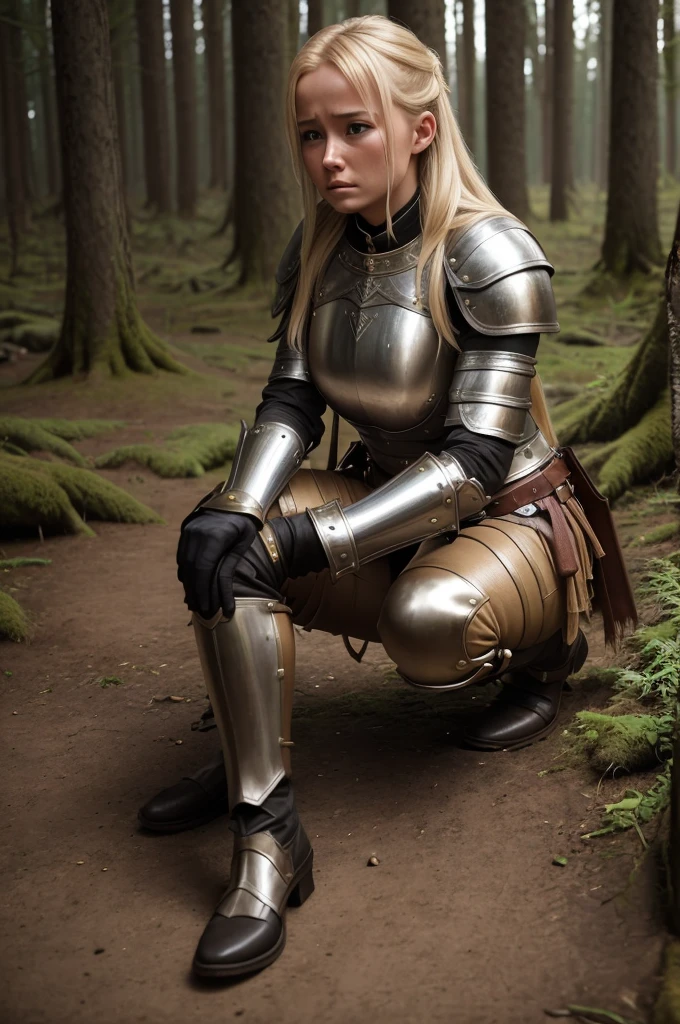 high reslolution, young novice warrior of the warriors guild, blonde hair, dutch girl 20 years old,  leather armor, in a forest, peeing her pants in fear, wetting herself in panic, panic in her face, crying in fear, pee running down her legs, visible wetness at her crotch, pee running down her legs, wearing light beige colored leather pants, light metal breastplate