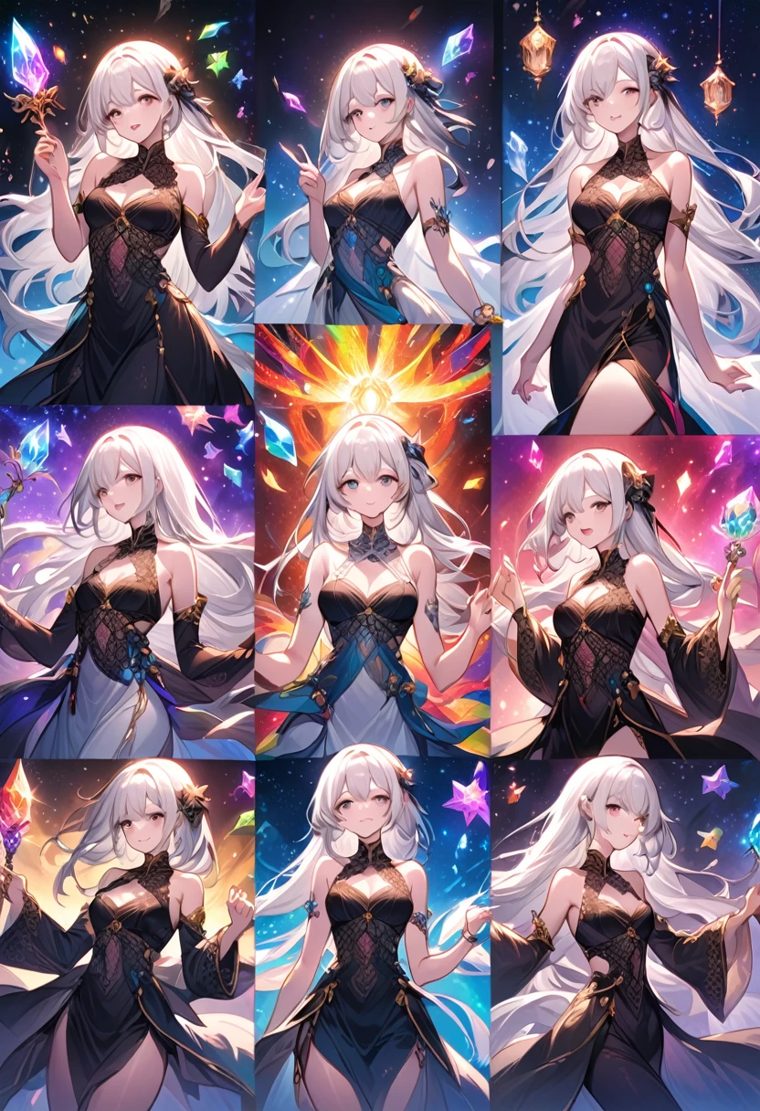 ((masterpiece, Highest quality)), Detailed face, Esbian all over, Full of details, Various poses and expressions, Very detailed, depth, Many Taoist believers,Have a crystal wand,Fantasy style,So beautiful and mysterious,Fantasy,Rainbow colors,High Balance, Natural light, Black lace,Black laceパンスト,Starry Sky,Star ornament,Gray Hair,Pink Lip