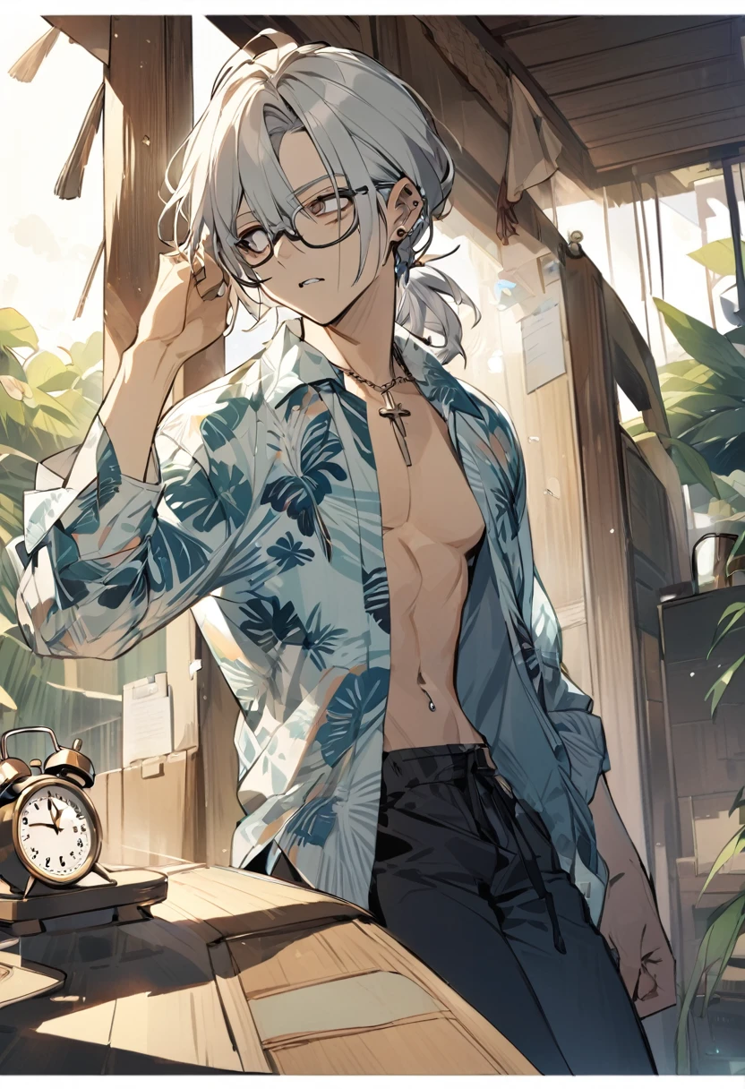 Alone boy, looking at alarm clock, pale jellon hair, half rosary eyes, open shirt, plaid shirt, pants, Hawaiian blouse, wearing glasses, mouth piercing,In the open air,