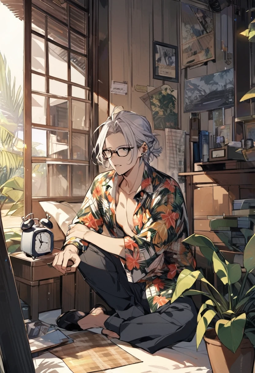 Alone boy, looking at alarm clock, pale jellon hair, half rosary eyes, open shirt, plaid shirt, pants, Hawaiian blouse, wearing glasses, mouth piercing,In the open air,