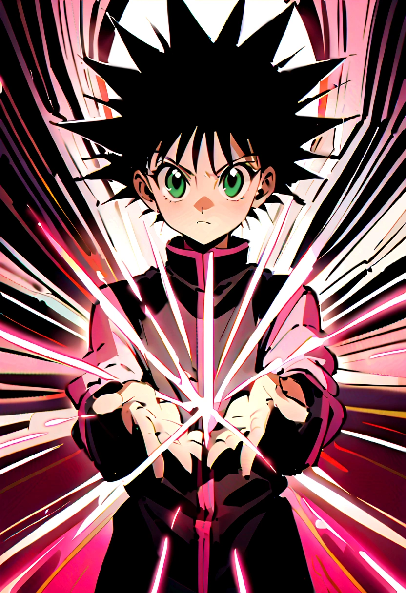 13 year old boy with black wavy hair and green eyes wearing pink and black clothes in hunter x hunter manga style