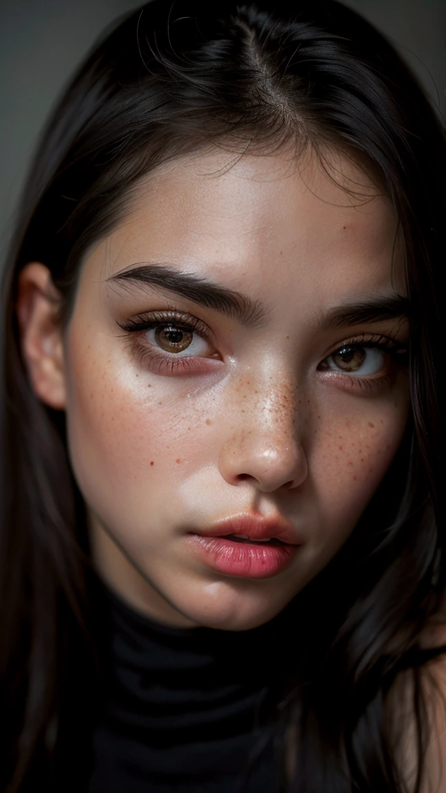 Masterpiece, Superior quality, [instead_eyes], ultra detail, fog, NSFW, (Expressionless) , portrait young woman, White skin, Raven haired, slim, cara slim, Brown eyes, Red cheeks, pink lips, small eyes, upturned and thin nose, thick and big eyebrows, with few and small freckles on the nose, long wavy hair