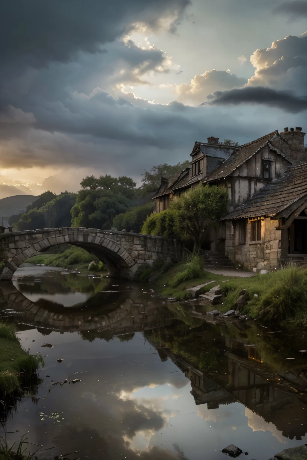 a weathered old village with ancient dilapidated houses, crumbling stone bridge in foreground, rainy day, (best quality,4k,8k,highres,masterpiece:1.2),ultra-detailed,(realistic,photorealistic,photo-realistic:1.37),oil painting, atmospheric lighting, dramatic cloudy sky, rain falling, puddles reflecting village, warm color tones, muted palette, impressionistic brushstrokes, moody melancholic atmosphere, atmospheric perspective, intricate architectural details, mossy worn stone surfaces, depth of field, cinematic composition