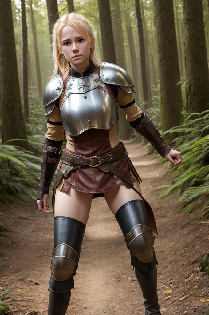 high reslolution, young novice warrior of the warriors guild, blonde hair, dutch girl 20 years old,  leather armor, in a forest, peeing her pants in fear, wetting herself in panic, panic in her face, pee running down her legs, visible wetness at her crotch, pee running down her legs, wearing light biscuit colored leather pants, light metal breastplate