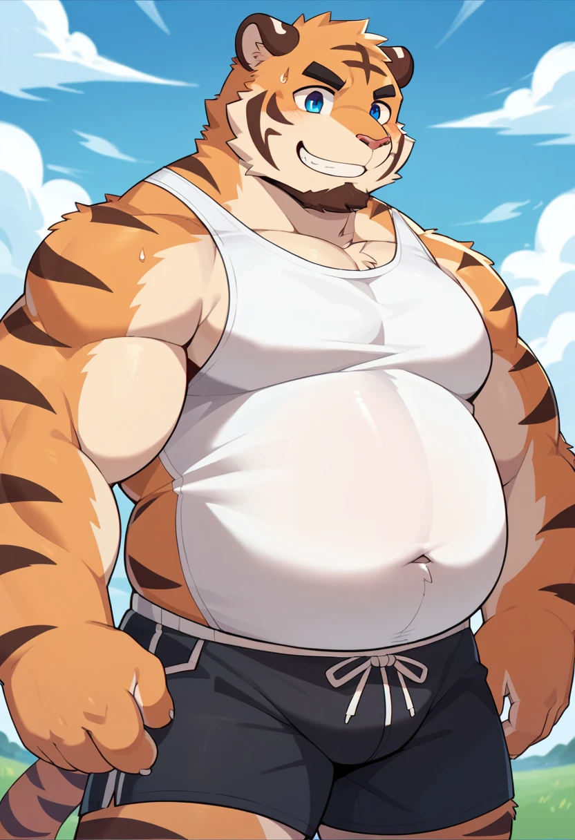 NJ5furry,tiger,solitary,Beast field,chubby, Abdominal muscles,Thick arms,Strong muscles,shorts,Plush,Chubby face,Black eyebrows,Sky blue eyes,beard,Smile,(Simple background),(White T-shirt,shorts),(sweat),by zixiong, Takemoto Arashi