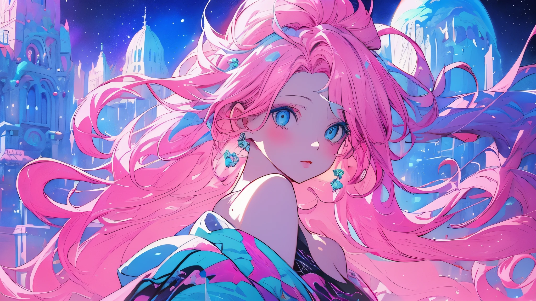 a person with pink hair and blue eyes, a beautiful city and a galaxy. Beautiful and impressive works of art, Bright shadows, strong colors, Cotton candy in pastel colors, Linear and detailed illustration, digital art