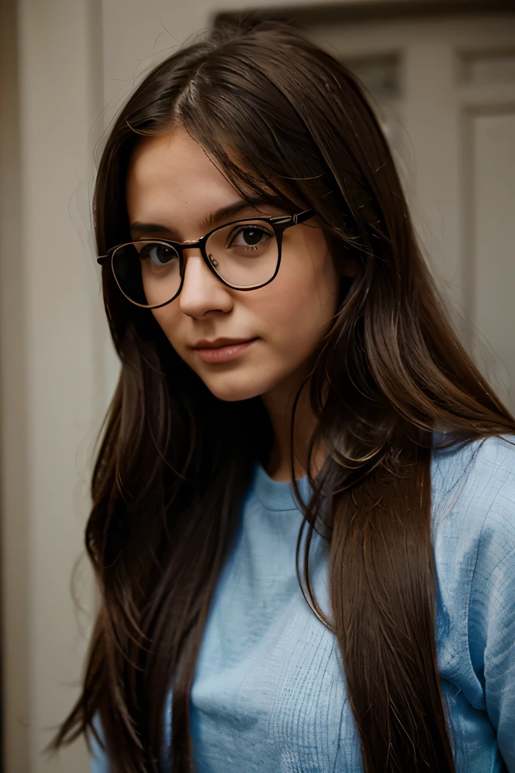 A girl, long hair,with glasses, With 