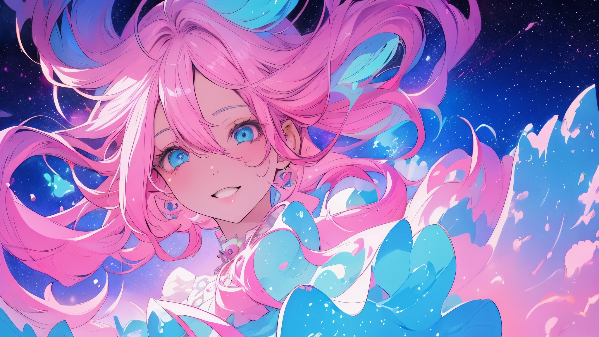 a person with pink hair and blue eyes, a beautiful city and a galaxy. Beautiful and impressive works of art, Bright shadows, strong colors, Cotton candy in pastel colors, Linear and detailed illustration, digital art