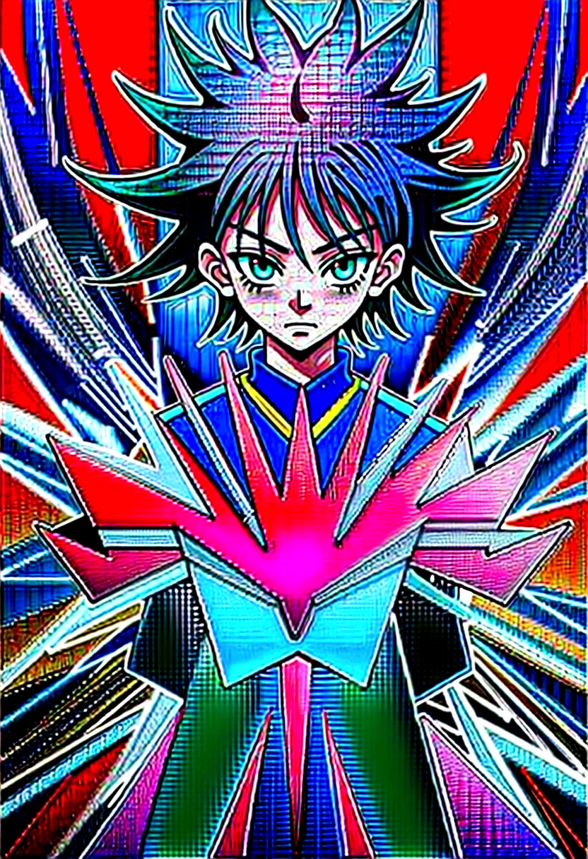 boy with black wavy hair and green eyes wearing pink and black clothes in hunter x hunter manga style