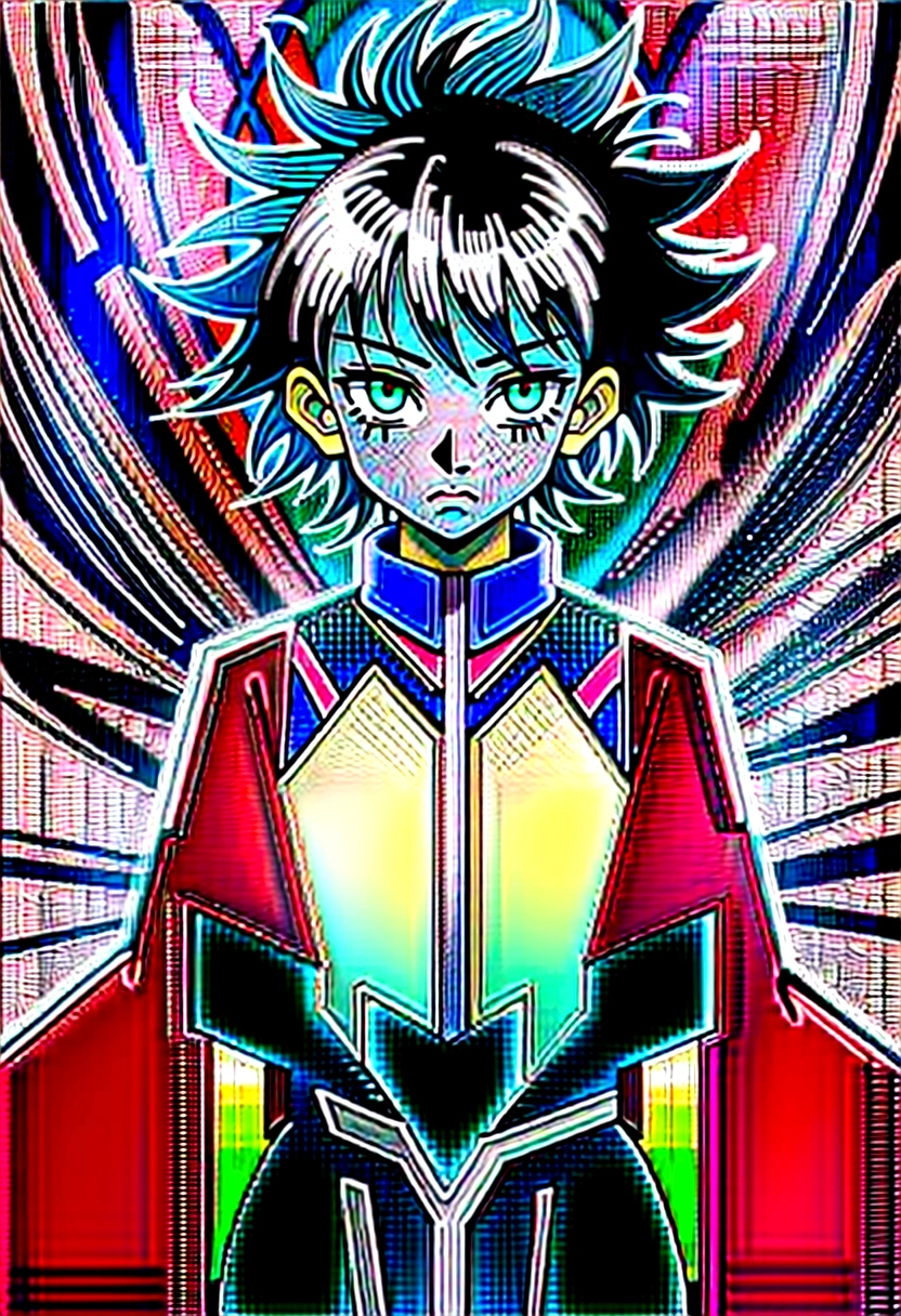 13 year old boy with black wavy hair and green eyes wearing pink and black clothes in hunter x hunter manga style