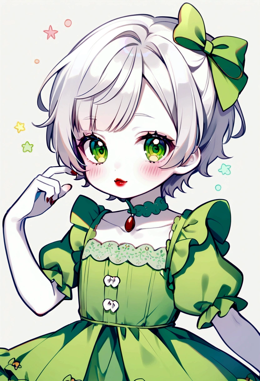 Boy with white hair and green eyes, white skin and red lips, kawaii style dress