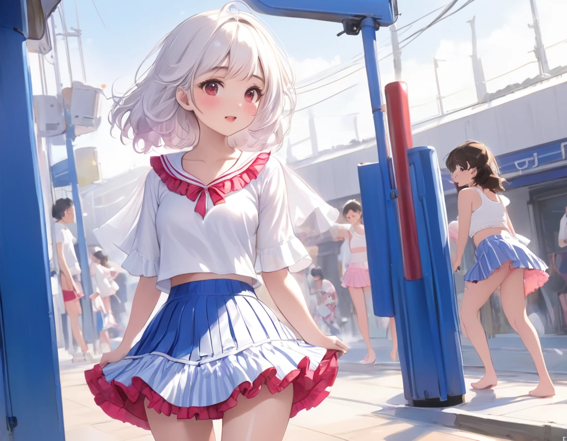 Plain white with emphasis on the chestＴshirt、You can see the chest from the neck、Ultramarine and white striped mini skirt、When you lift up her skirt you can see her cute pink frilly underwear...、fluffy, White frilly flared skirt、When she lifted her skirt, She found some cute red frilly underwear、barefoot、