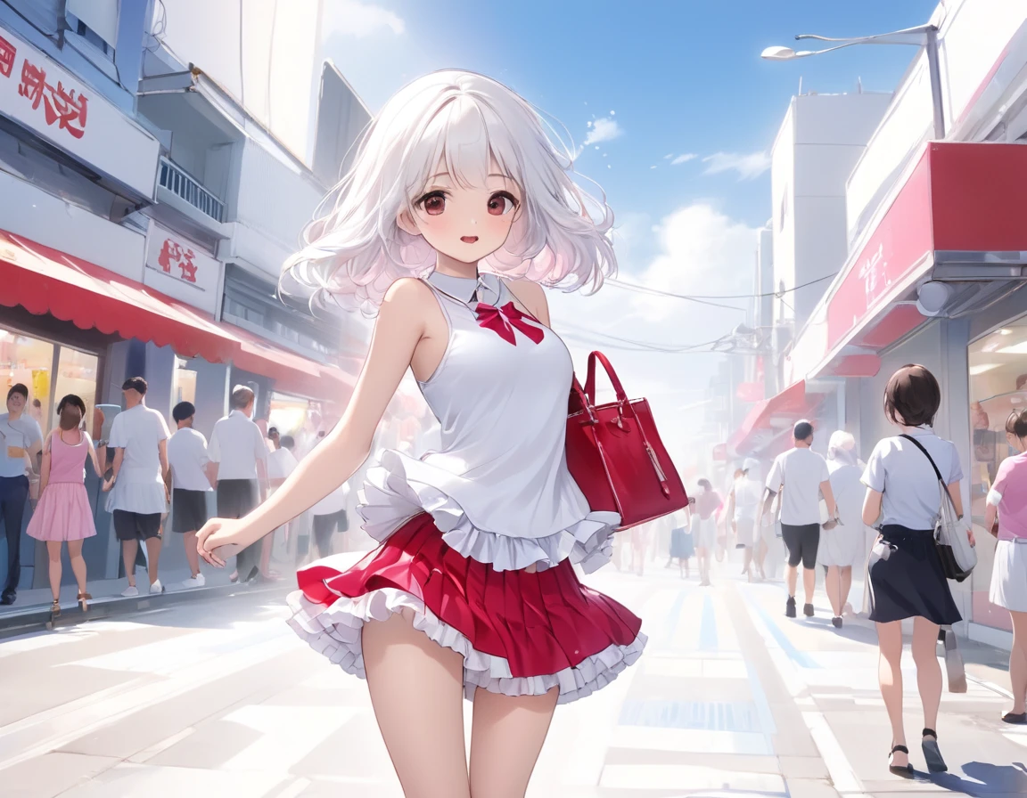 Plain white with emphasis on the chestＴshirt、You can see the chest from the neck、Ultramarine and white striped mini skirt、When you lift up her skirt you can see her cute pink frilly underwear...、fluffy, White frilly flared skirt、When she lifted her skirt, She found some cute red frilly underwear、barefoot、
