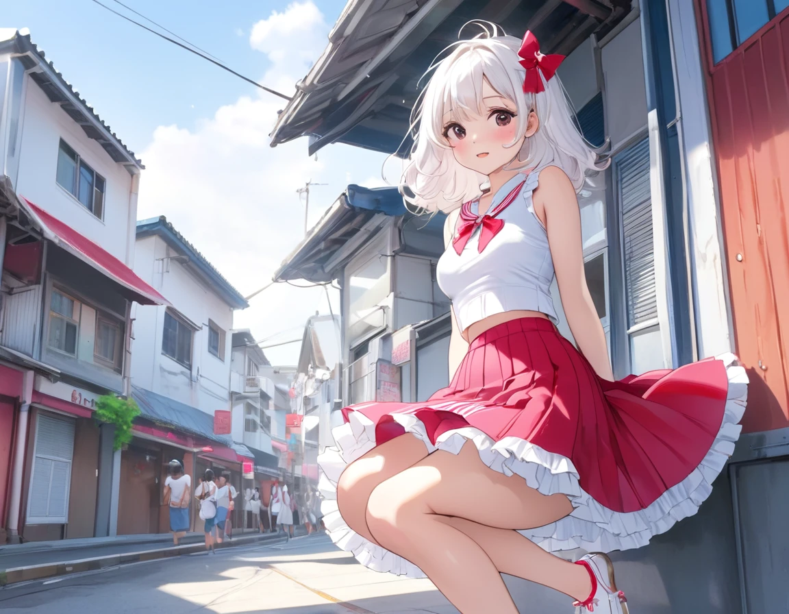Plain white with emphasis on the chestTshirt、You can see the chest from the neck、Ultramarine and white striped mini skirt、When you lift up her skirt you can see her cute pink frilly underwear...、fluffy, White frilly flared skirt、When she lifted her skirt, She found some cute red frilly underwear、barefoot、