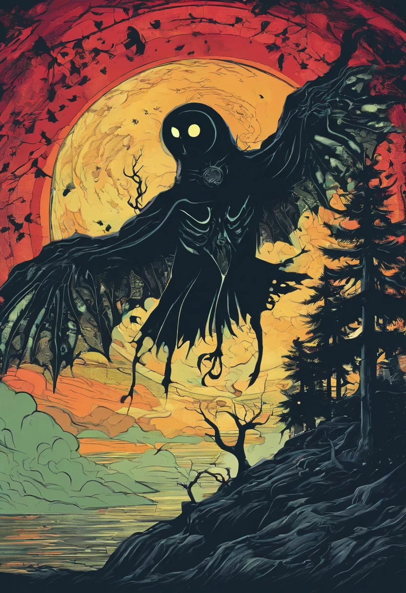 (abstract art:1.1), mothman, moon, fog, dark ambience, ethereal, eldritch, ominous, haunting, hauntingly beautiful, mysterious, eerie, nocturnal, otherworldly, supernatural, mesmerizing, mythical, atmospheric, shrouded in mist, enigmatic, surreal, spectral silhouette, mystical, cryptic, ethereal glow, enshrouded in darkness, enchanted, lunar glow, eerily radiant, moonlit reflection, ghostly apparition, arcane, otherworldly forms, haunting presence, chilling, sublime, hidden in the shadows, enigmatic figure, enshrouded in fog, supernatural being, celestial enchantment