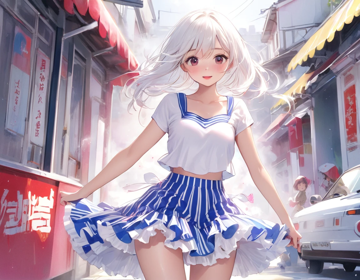 Plain white with emphasis on the chestTshirt、You can see the chest from the neck、Ultramarine and white striped mini skirt、When you lift up her skirt you can see her cute pink frilly underwear...、fluffy, White frilly flared skirt、When she lifted her skirt, She found some cute red frilly underwear、barefoot、