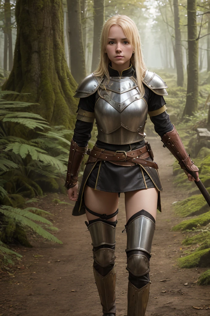 high reslolution, young novice warrior of the warriors guild, blonde hair, dutch girl 20 years old, leather armor, in a forest, peeing her pants in fear, wetting herself in panic, panic in her face, pee running down her legs, visible wetness at her crotch, pee running down her legs, wearing light biscuit colored leather pants, light metal breastplate
