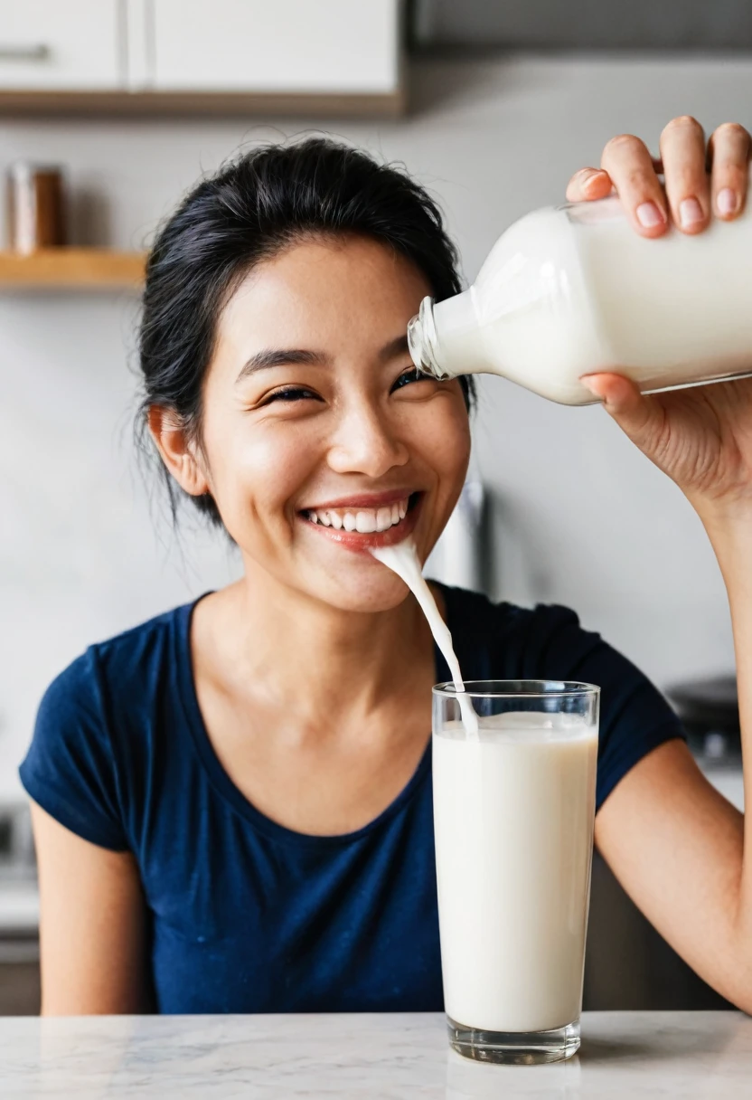 rice milk being poured into a glass,a person smiling while taking a sip