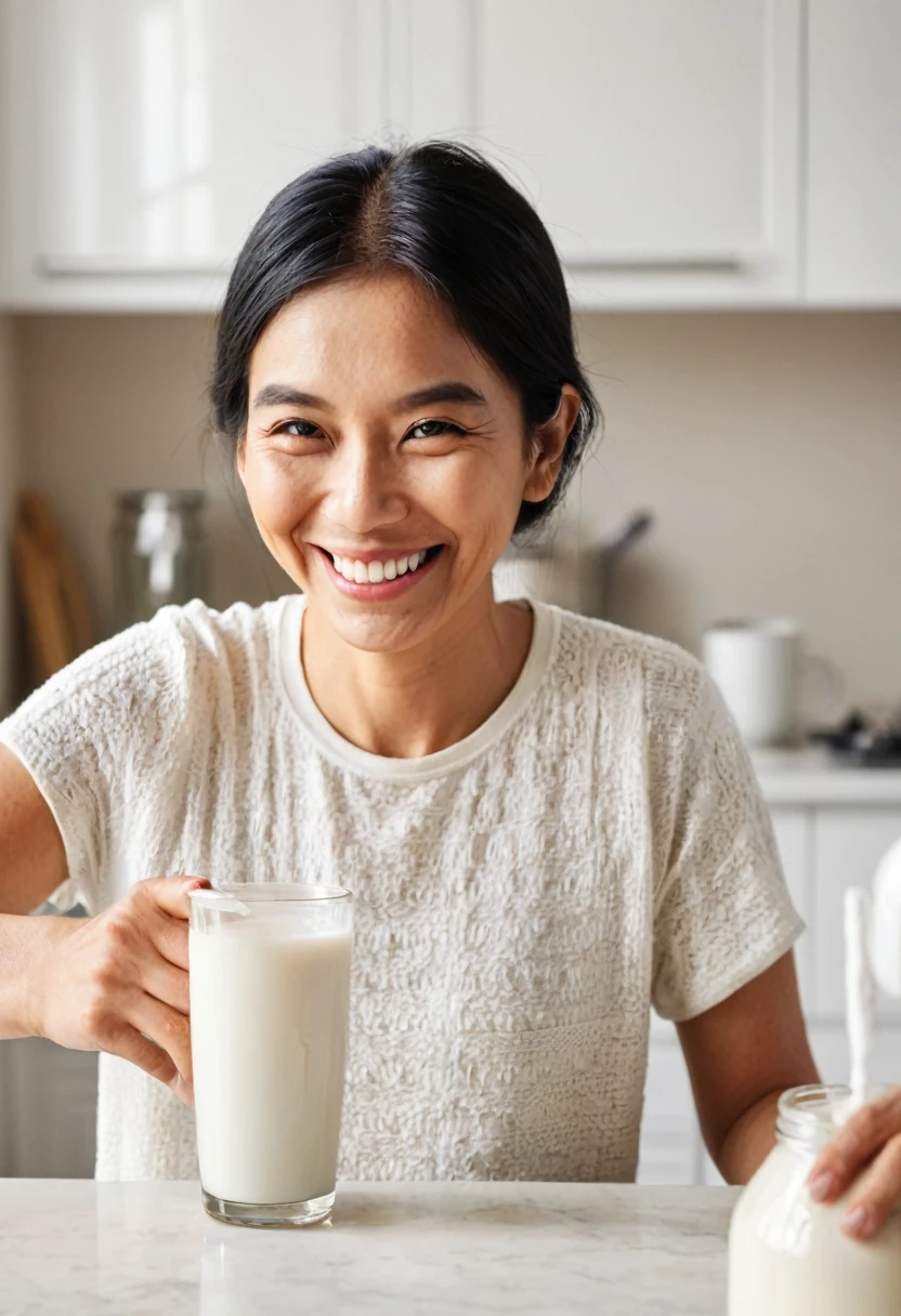 rice milk being poured into a glass,a person smiling while taking a sip