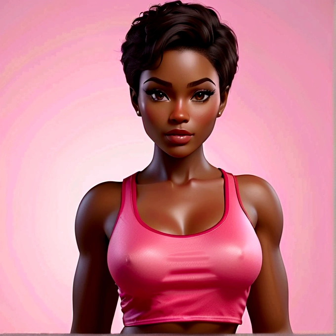 African American sensual robust body woman with Asian features, dark skin and nice face, short elegantly styled dark reddish brown hair and light brown eyes. He wears a short red sleeveless t-shirt, underwear, a pink panty and she is barefoot. full realistic 3D model.she
