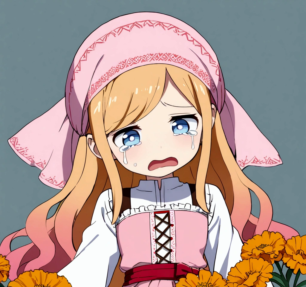 golden orange hair, gradient hair, very long hair, swept bangs, sidelocks, curly hair, wavy hair, (((((head scarf))))), head bandana, pink apron, flower in hair, marigold, orange flower, blue eyes, dirndl, pink dress, pink dirndl, long sleeves, waist apron, white apron, bow on waist, blue bow, , polish clothing, Slavic clothing, Hungarian clothing, anime, cute, flat chest, solo, exaggerated expression, sad, crying, open mouth, watery eyes