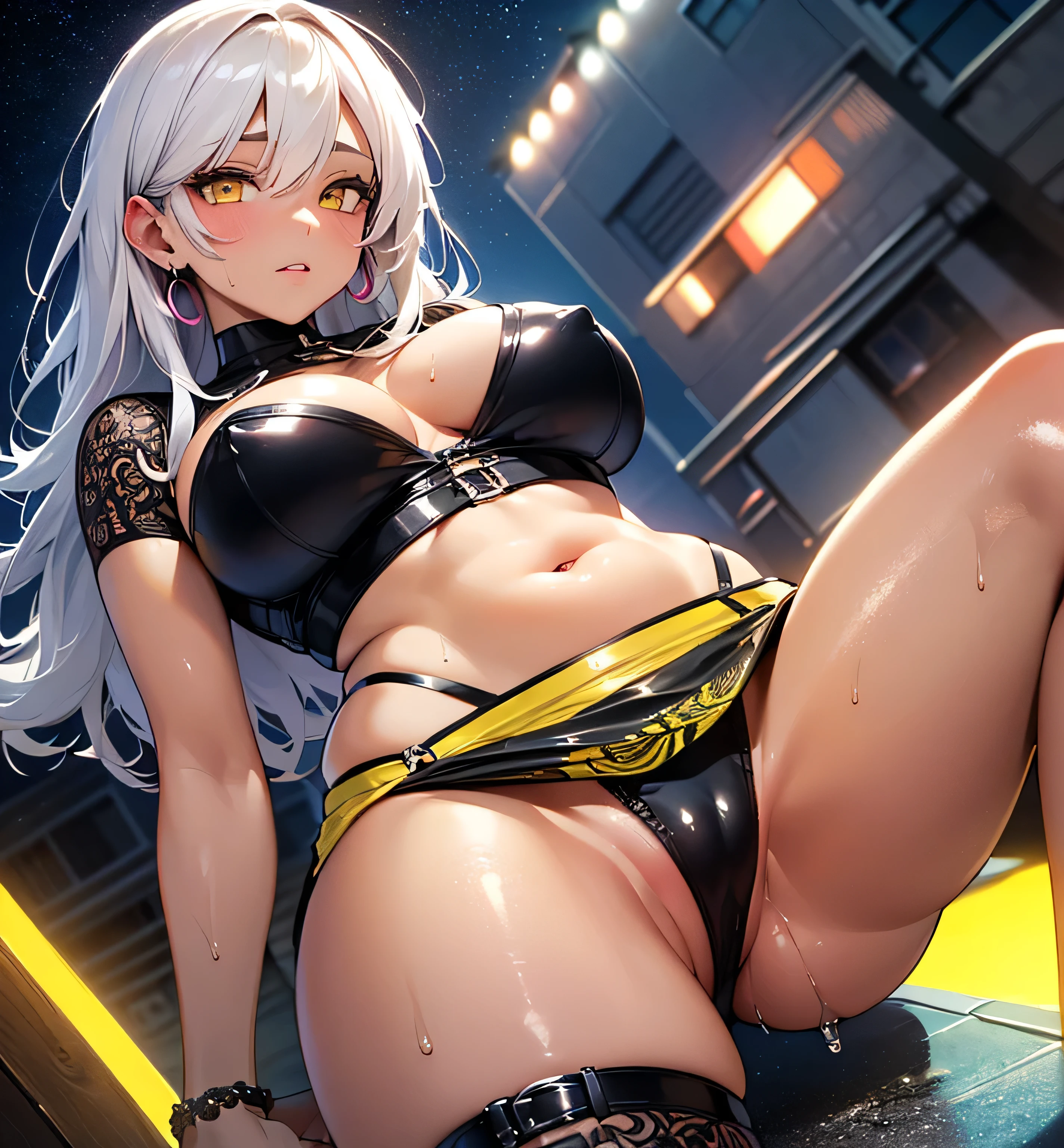 girl rave,(((1girl))),((girl with extremely cute and beautiful white hair)),dark skin,very dark skin,dark_skin,
(large breasts:1.4),saggy breasts,(((white hair:1.35,straight hair,long hair:1.4,colored inner hair,ear breathing))),(((light_yellow_eyes:1.3))),intricate eyes,beautiful detailed eyes,symmetrical eyes,big eyes:1.5,((fat)),((((black girl,black skin,dark-skinned_female,dark skin:1.3,ebony skin,lustrous skin:1.5,bright skin: 1.5,shiny skin,very shiny skin,shiny body,plastic glitter skin,exaggerated shiny skin,shiny skin like ebony,illuminated skin, wet legs))),(spider lower abdomen,narrow waist,wide hip,athletic body,inflated legs,detailed body,(detailed face)),
cute,slutty,seductive,erotic,((nsfw)),
zettai ryouiki,revealing clothing,show skin,((rave shirt with an yellow print,rave mini-skirt,visible thong straps)),((underpants strap)),(wearing a rave outfit:1.3,rave clothes,semi-naked,with little clothing),((wet clothes,intricate outfit,intricate clothes)),
(dynamic pose:1.0),solo focus,embarrassed,(centered,scale to fit dimensions,Rule of thirds),
cyberpunk city by the ocean at night, with bright neon signs and dark stormy clouds and puddles, scenery:1.25,nighttime, starry night, cosmos,Very dark night that makes the neon lights stand out, very bright neon lights,nighttime, starry night, cosmos,
artistic photography,(photography taken by sldr),highres, sharp focus,(ultra detailed, extremely detailed), (photorealistic artwork:1.37),(extremely detailed CG unity 8k wallpaper),((synthwave background theme)),(((vibrant colors))),intricate,(intricate background),(masterpiece),(best quality),perfect rendered face,perfect face details,realistic face,photo realistic,analog style,((intricate detail)),(((realism))),